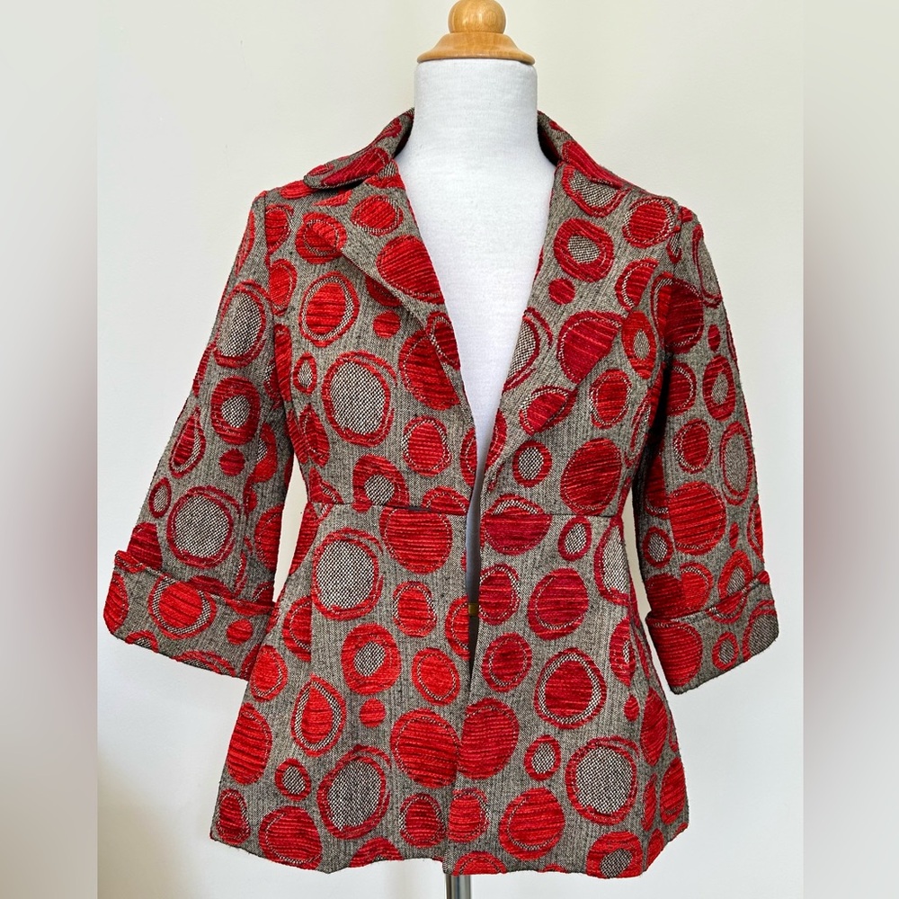 Vintage 3 Sisters Tapestry Blazer - Red and Dark Brown /Taupe- Sz Small - as is